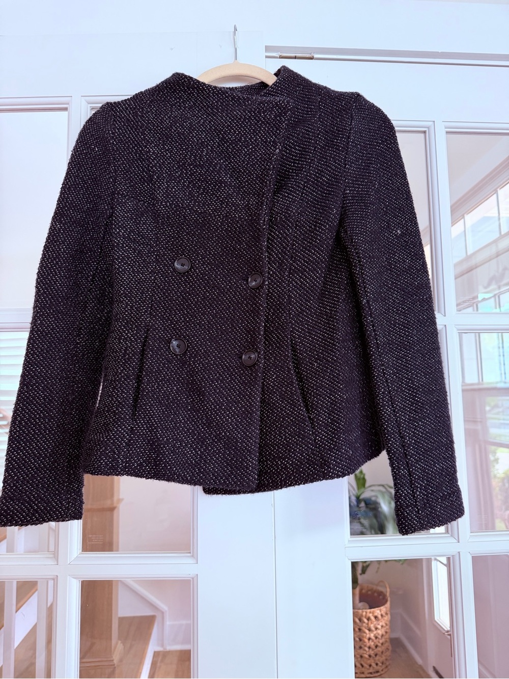 LOFT Petites Navy Blue & White Tweed Double Breasted Jacket - XXSP